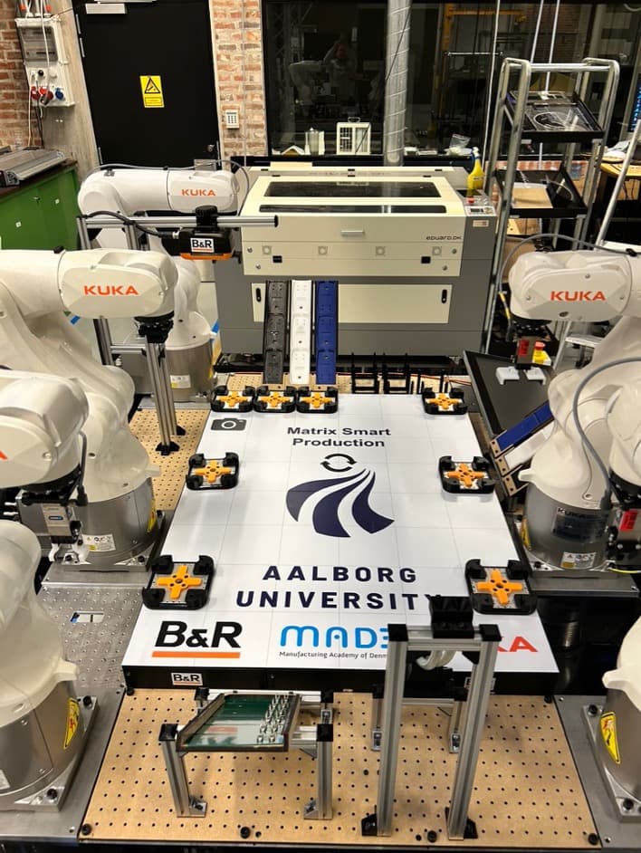 Matrix production system with B&R Acopos planar track system and six KUKA robots